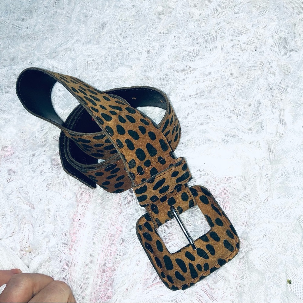 Brown and Black Leopard Print Belt from Switzerland. 39 1/2” by 1 1/2” wide.